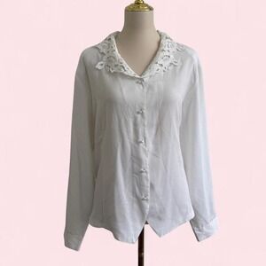 Vintage Joanna's Plus White Lace Collar Blouse Pearl Buttons Floral Size XXL